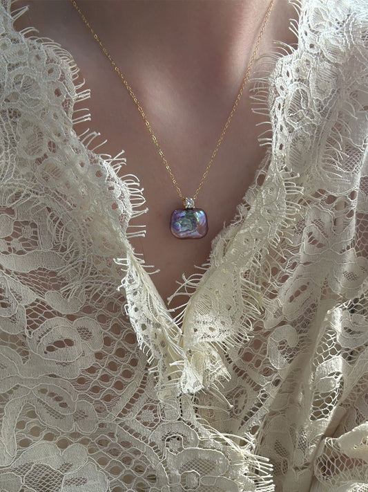 Princess Diana-Style Purple Baroque Pearl & CZ Necklace