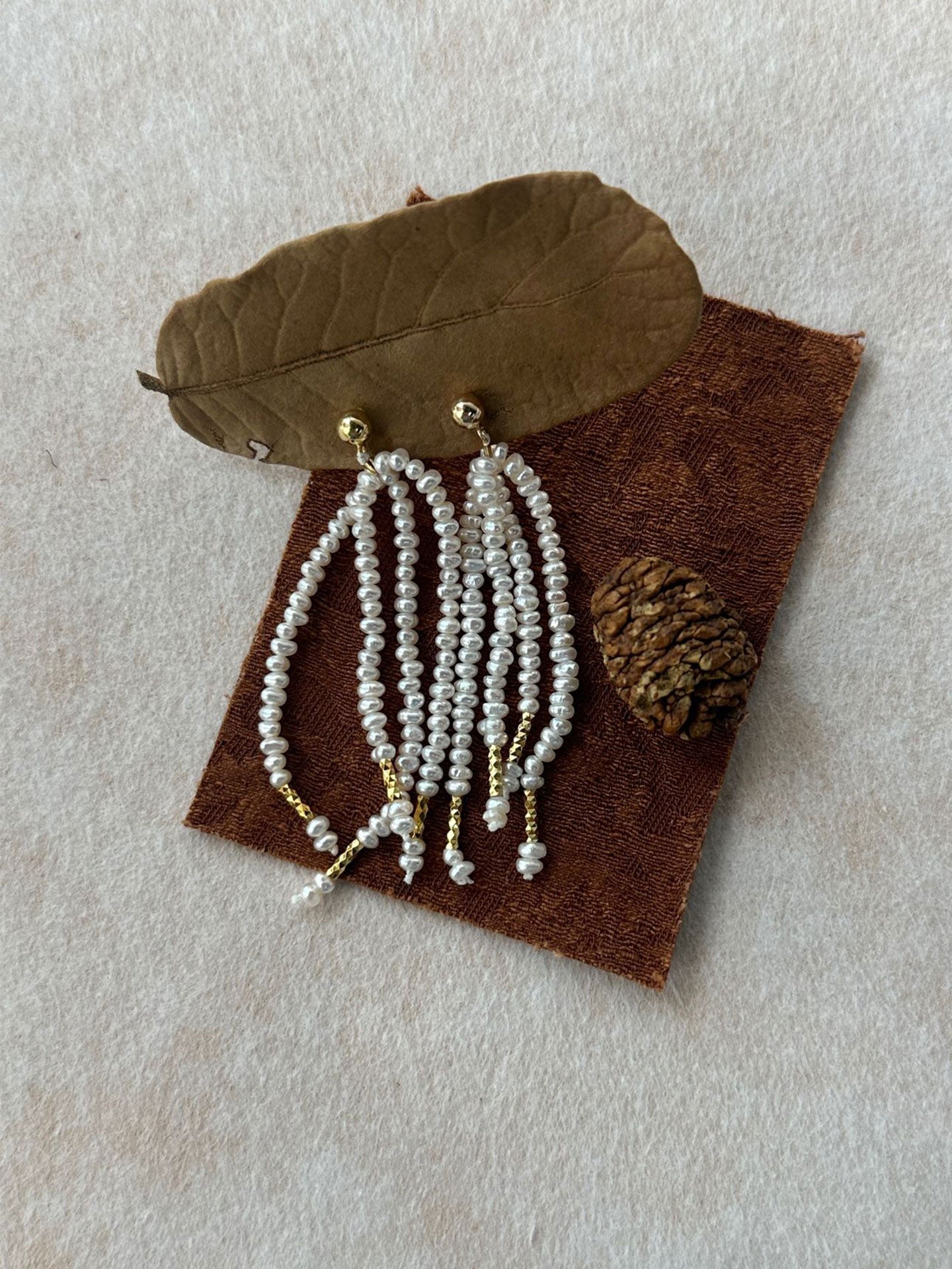 Rice Pearl Fringe Earrings with Gold Tube Accents
