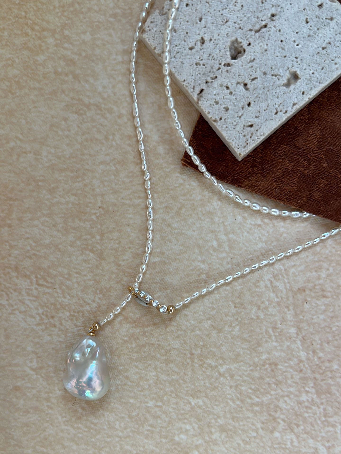 Keshi Pearl Chain Necklace with Baroque Drop