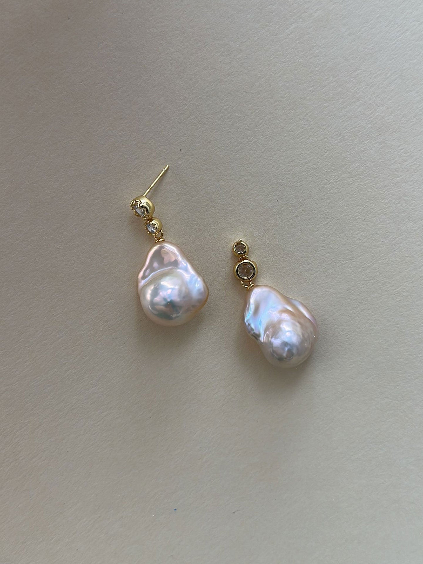 Asymmetric CZ & Iridescent Baroque Pearl Drop Earrings
