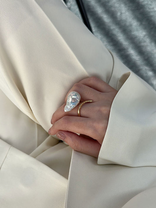 Large Baroque Pearl & Pavé CZ Bar 18K Gold-Plated Open Ring