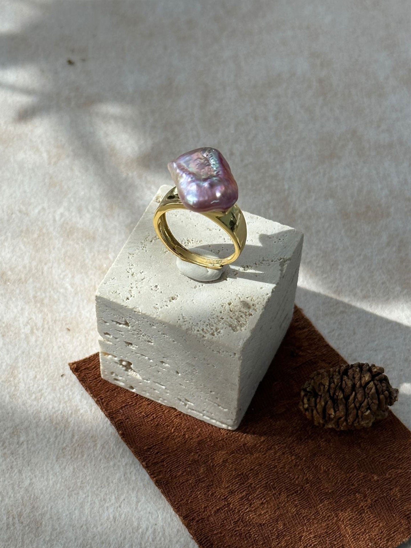 Rectangular Purple Baroque Pearl Adjustable Open Ring