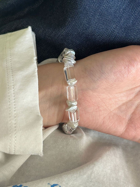 Clear Quartz Column & Baroque Pearl Stretch Bracelet