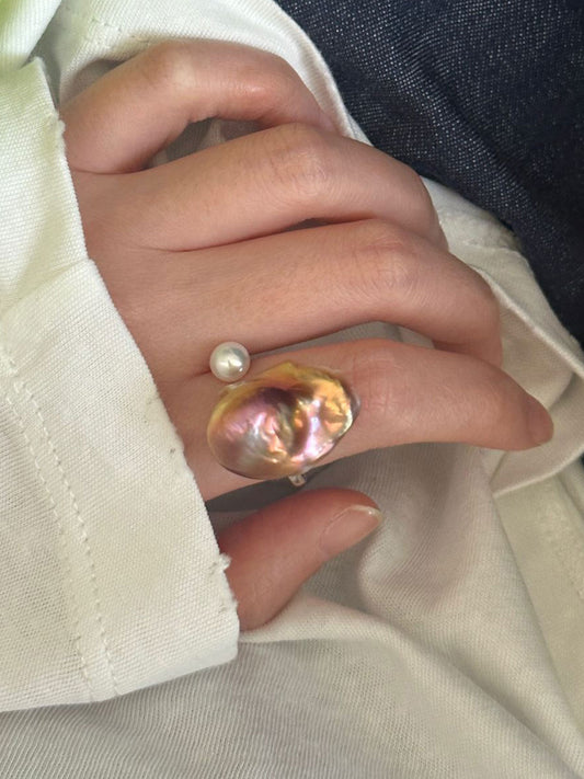 Baroque & Round Pearl S925 Silver Open Ring