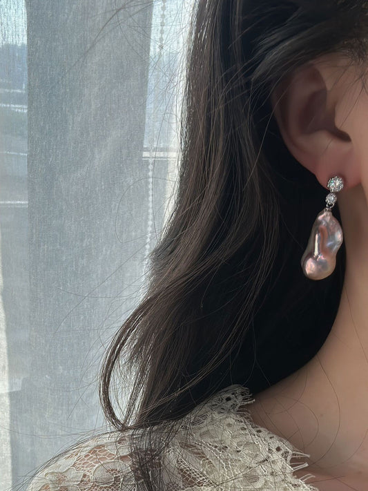 Mirror Baroque Pearl & Asymmetric CZ Drop Earrings