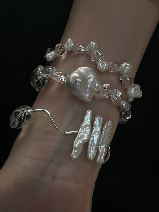 Irregular Clear Quartz & Baroque Pearl Stretch Bracelet