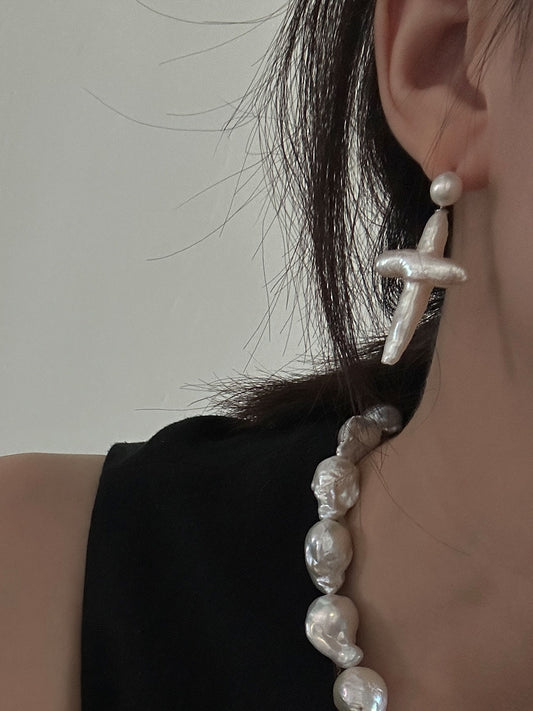 White Cross Baroque Drop Earrings