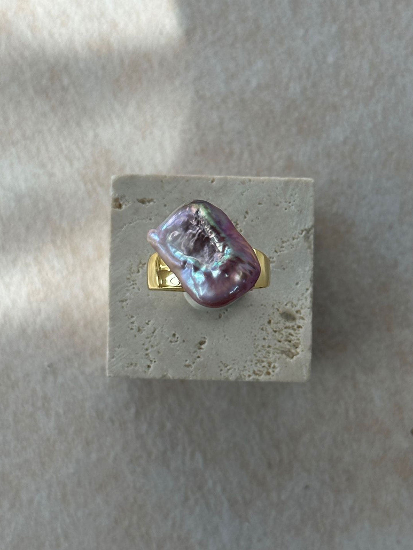 Rectangular Purple Baroque Pearl Adjustable Open Ring