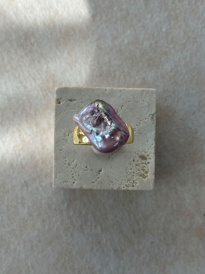 Rectangular Purple Baroque Pearl Adjustable Open Ring