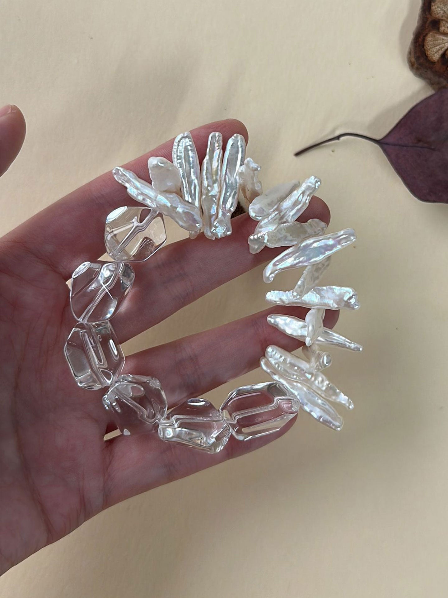 Wave & Ice — Clear Quartz & Baroque Pearl Bracelet