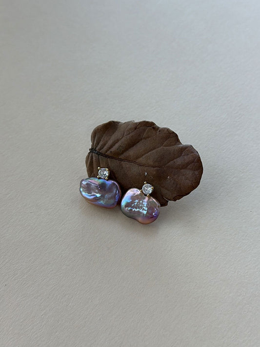 Princess Diana-Style Purple Baroque Pearl & CZ Drop Earrings