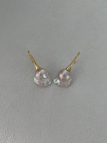 18K Gold-Plated Long Hook Earrings with Iridescent Baroque Pearl