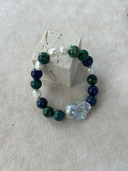 Lapis Lazuli Contrast Bracelet with Turquoise-Set Baroque Pearl