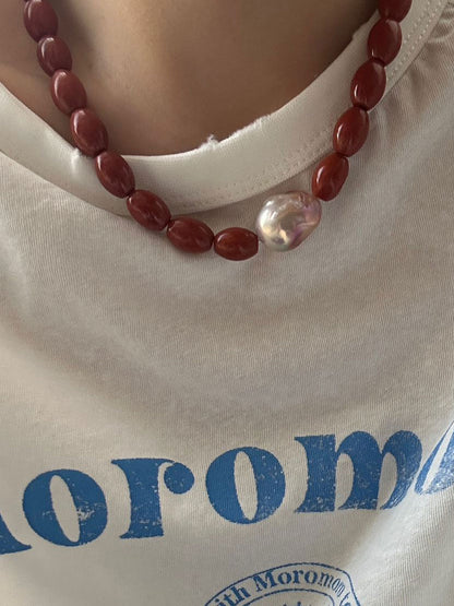 Baroque Pearl & Red Jasper Necklace