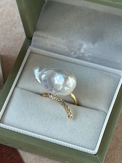 Large Baroque Pearl & Pavé CZ Bar 18K Gold-Plated Open Ring