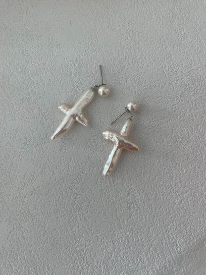 White Cross Baroque Drop Earrings