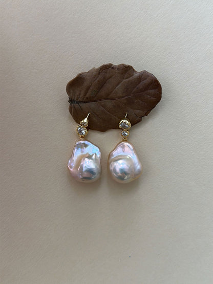 Asymmetric CZ & Iridescent Baroque Pearl Drop Earrings