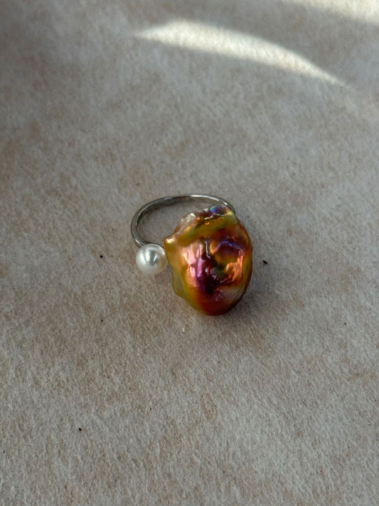 Baroque & Round Pearl S925 Silver Open Ring
