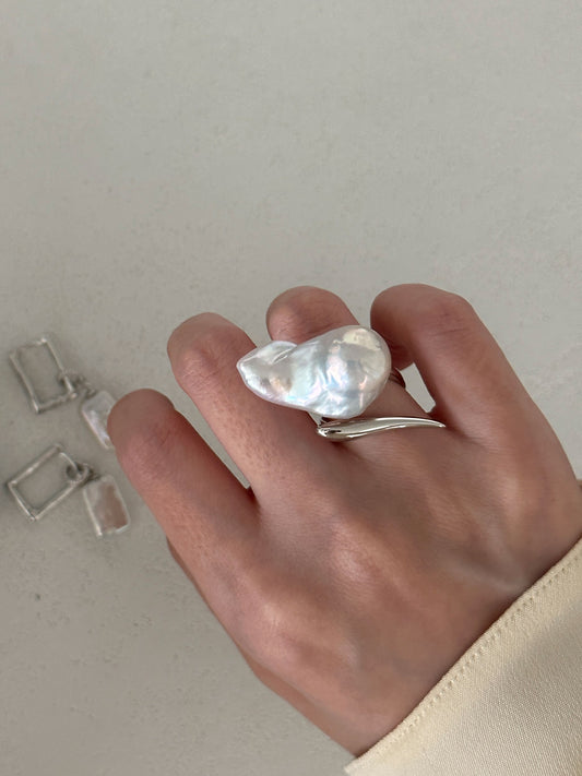 Large Baroque Pearl S925 Silver Split Open Ring
