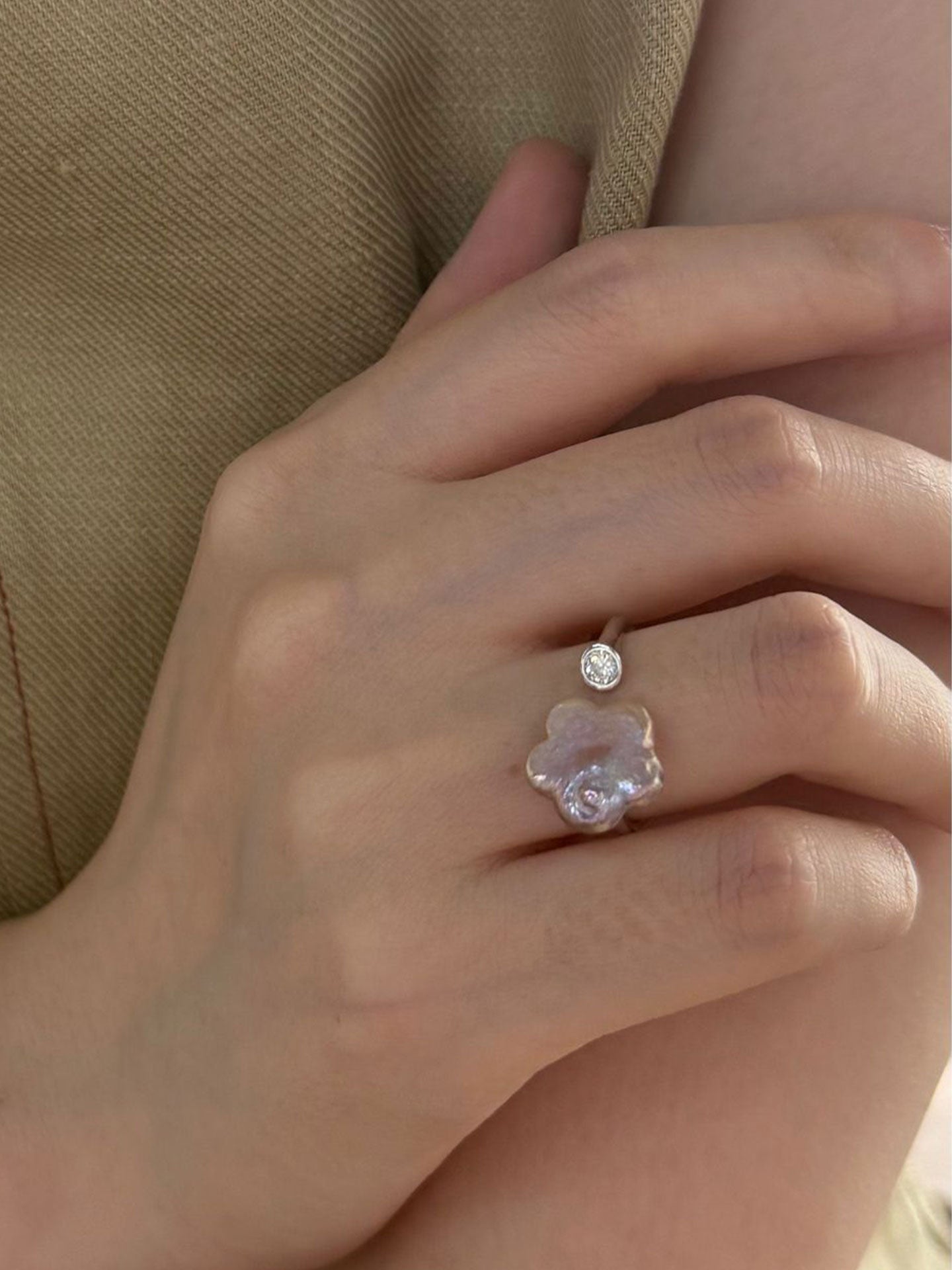 Plum Blossom Baroque Pearl & CZ Open Gold/Silver Ring
