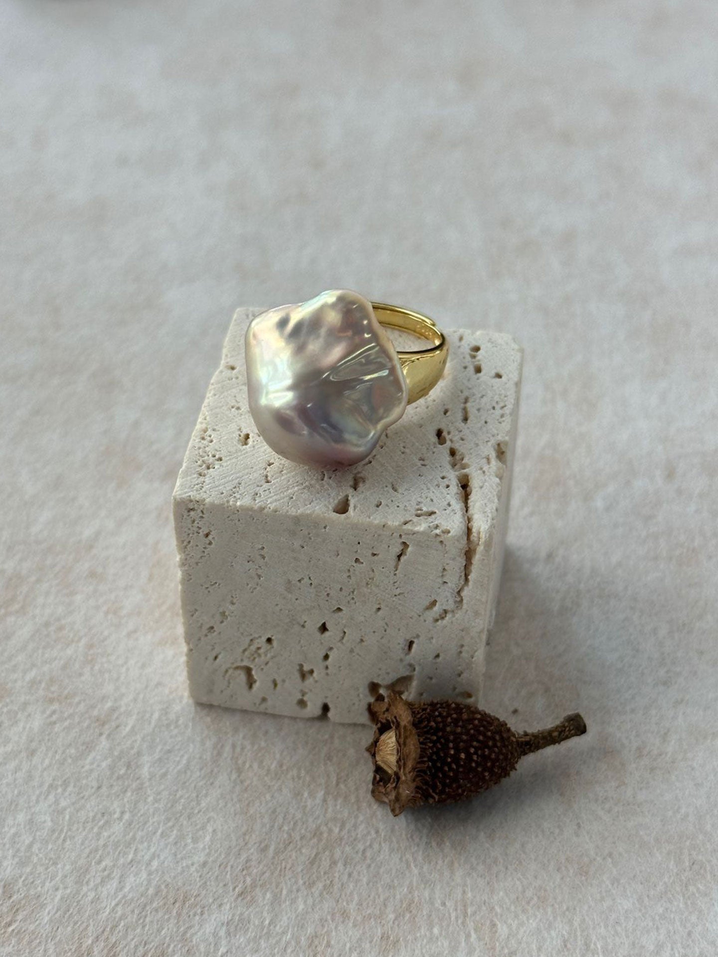 Baroque Pearl Wide Band Adjustable Ring