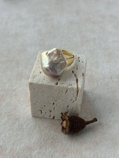 Baroque Pearl Wide Band Adjustable Ring