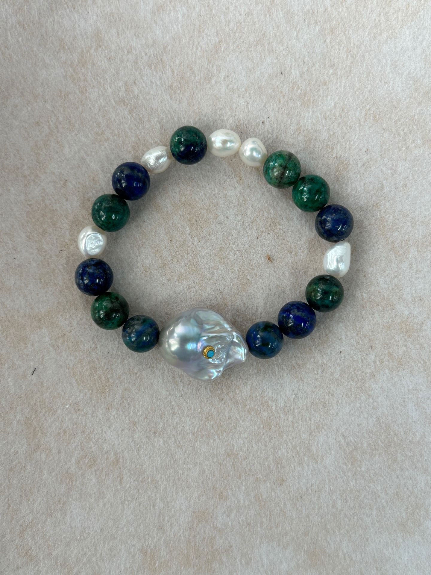 Lapis Lazuli Contrast Bracelet with Turquoise-Set Baroque Pearl