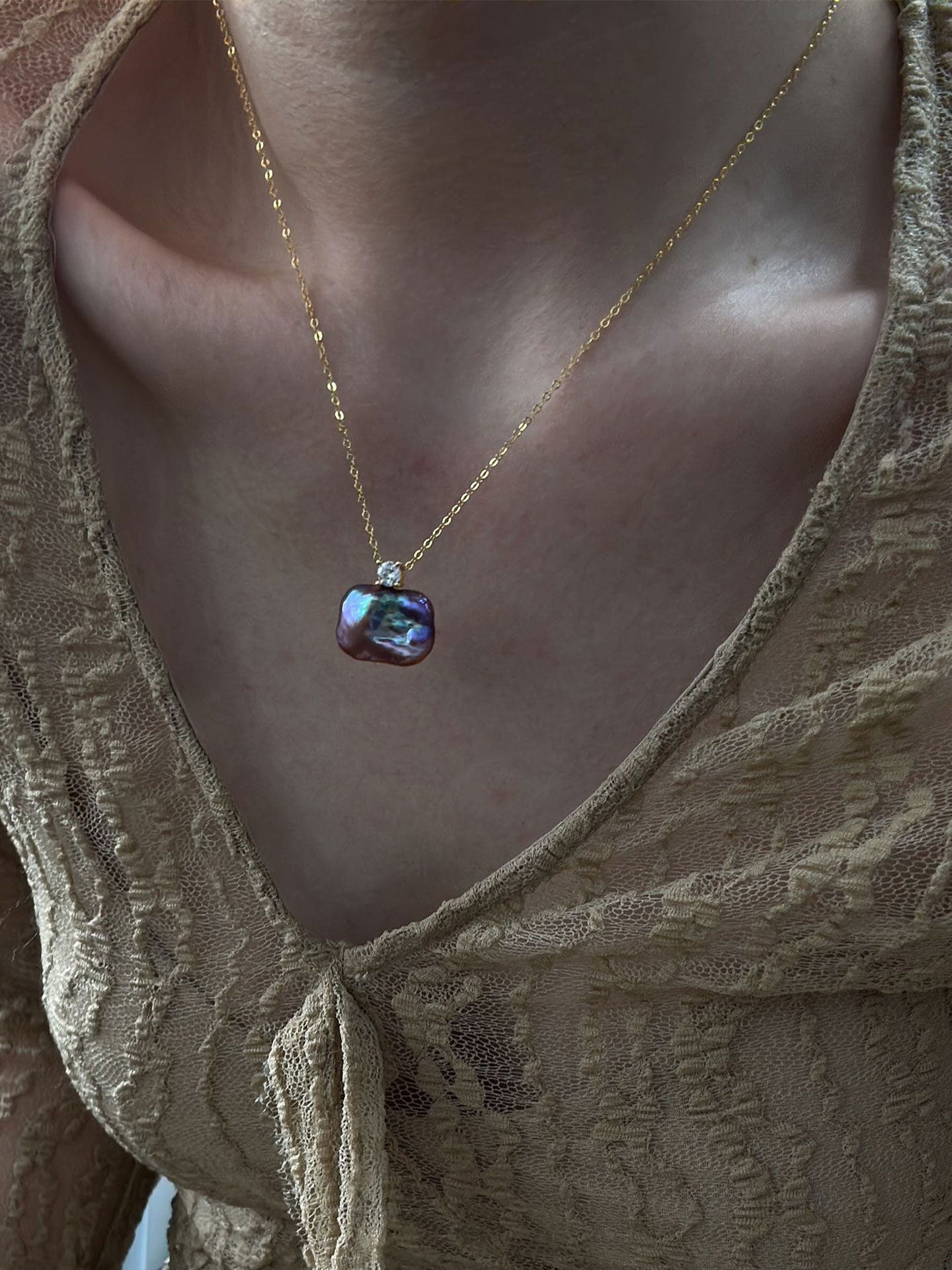 Princess Diana-Style Purple Baroque Pearl & CZ Necklace