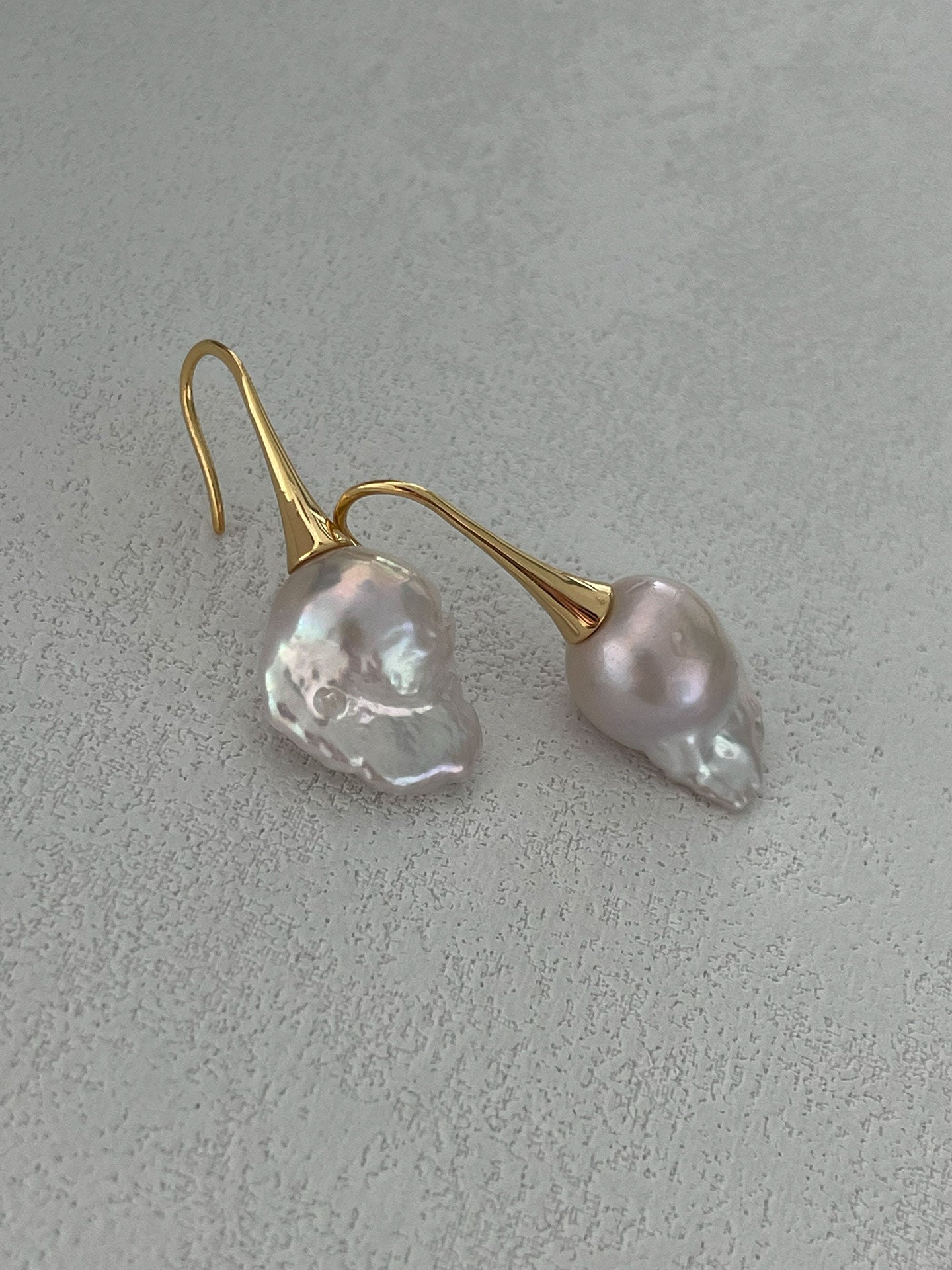 18K Gold-Plated Long Hook Earrings with Iridescent Baroque Pearl