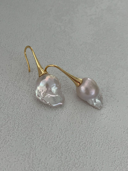 18K Gold-Plated Long Hook Earrings with Iridescent Baroque Pearl