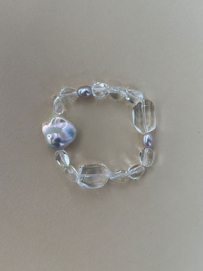 Irregular Clear Quartz & Baroque Pearl Stretch Bracelet