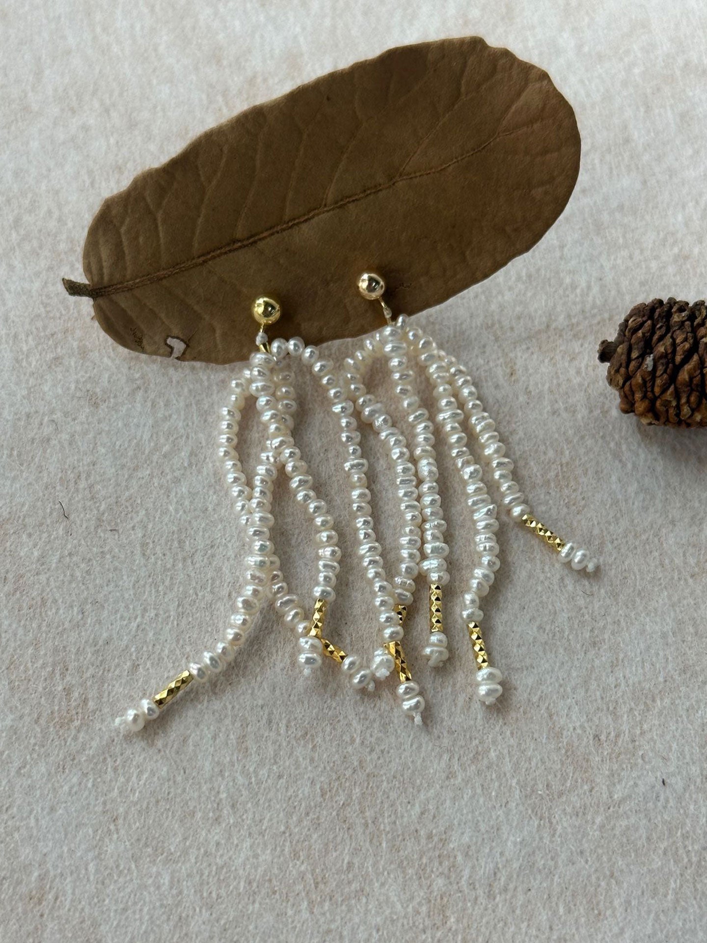 Rice Pearl Fringe Earrings with Gold Tube Accents