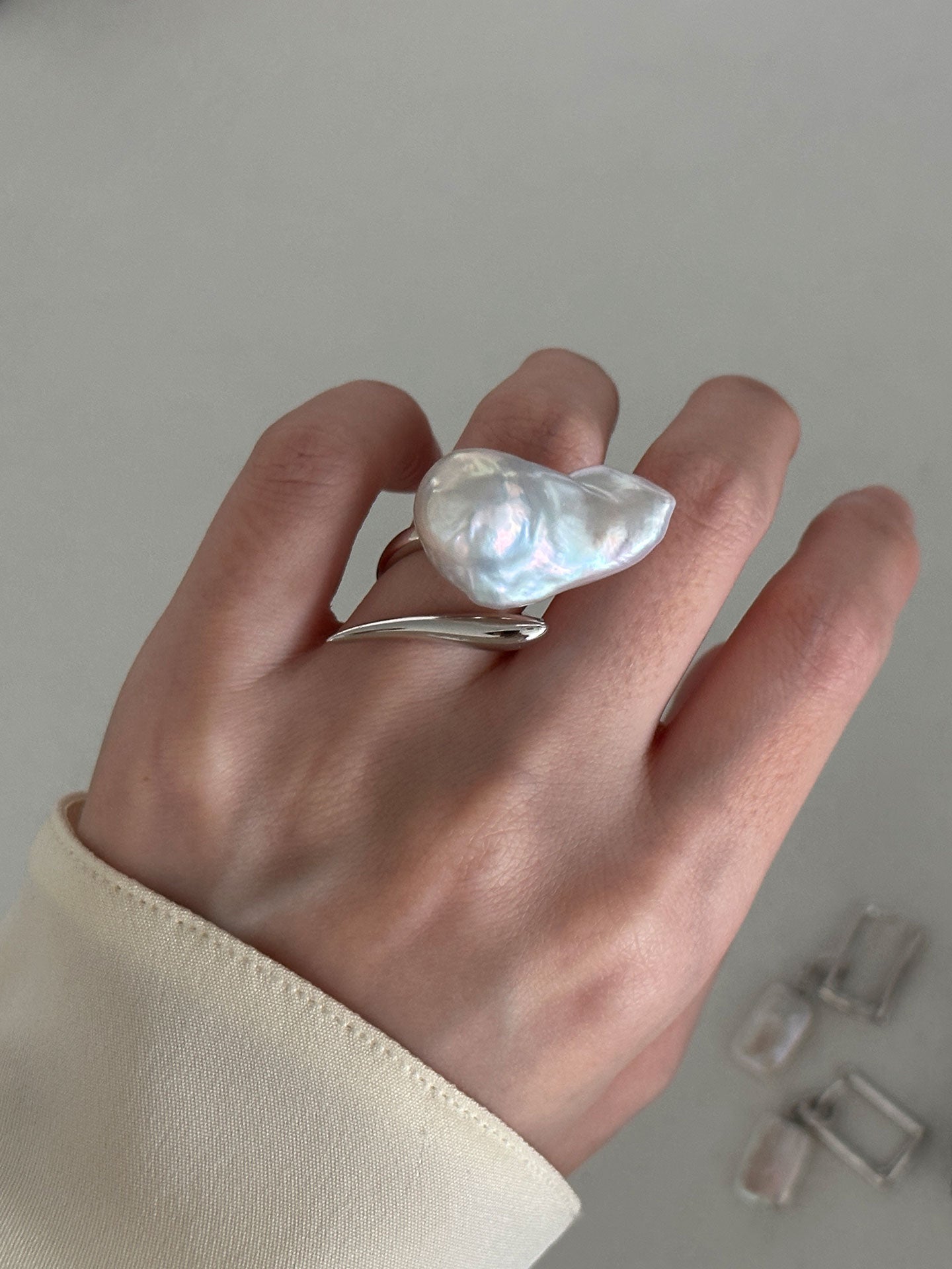 Large Baroque Pearl S925 Silver Split Open Ring