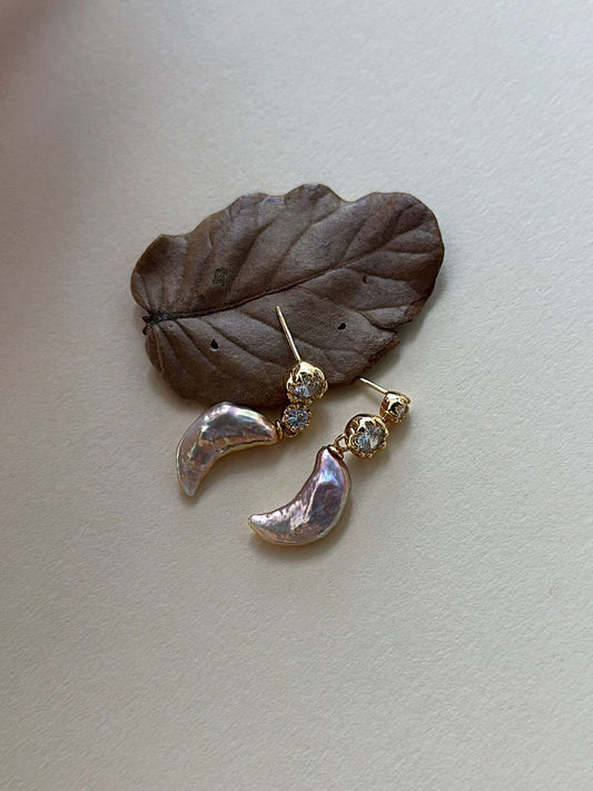 Asymmetric CZ Crescent Baroque Pearl Earrings