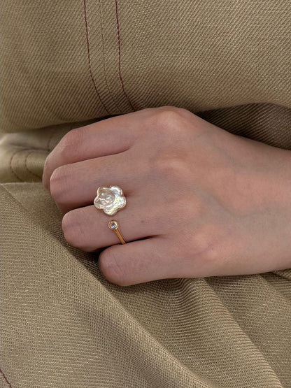 Plum Blossom Baroque Pearl & CZ Open Gold/Silver Ring