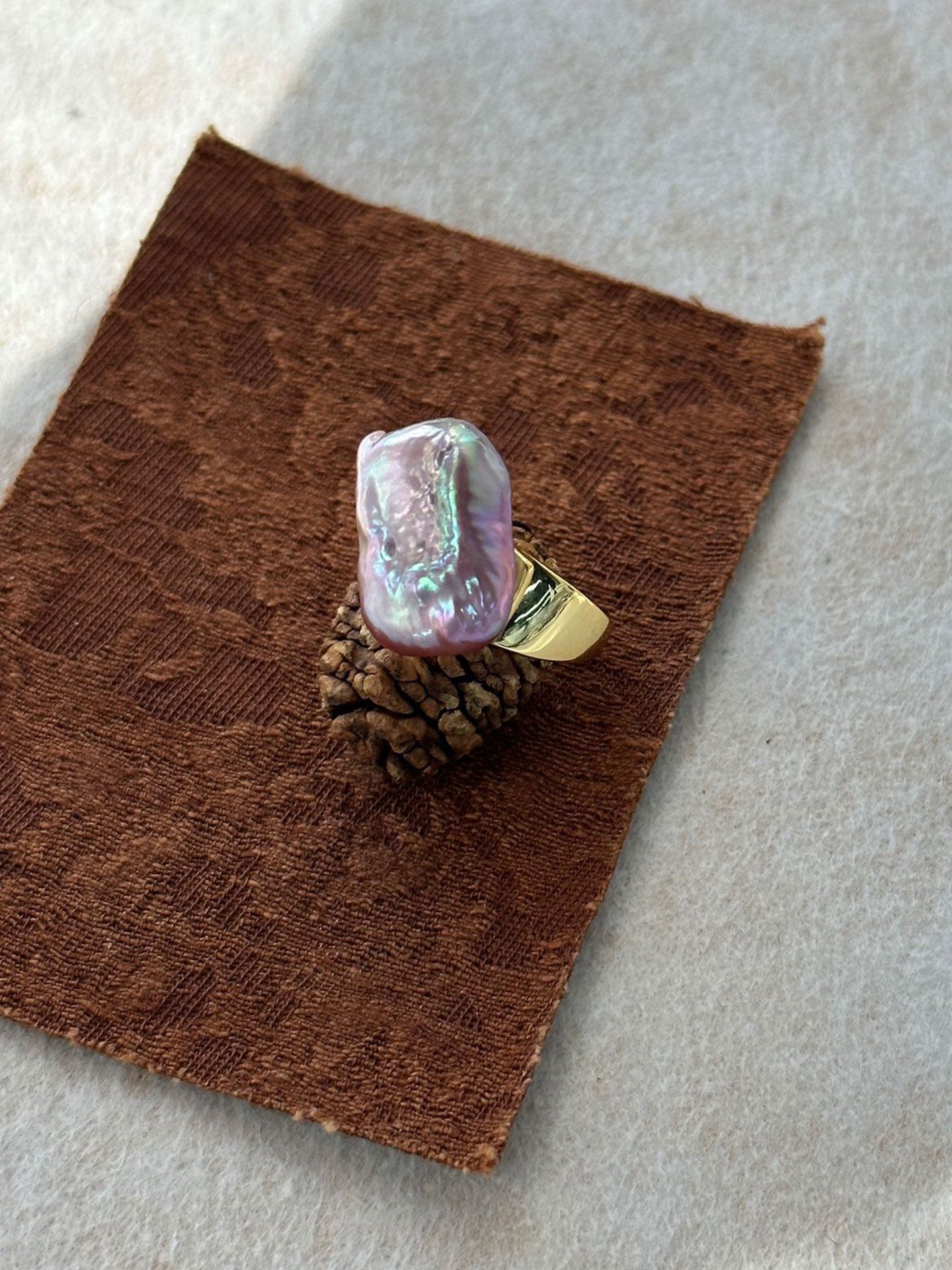 Rectangular Purple Baroque Pearl Adjustable Open Ring