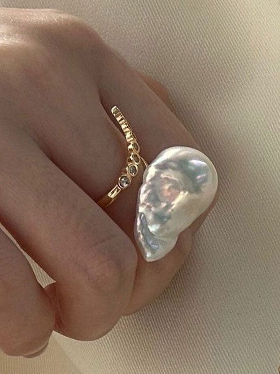 Large Baroque Pearl & Pavé CZ Bar 18K Gold-Plated Open Ring