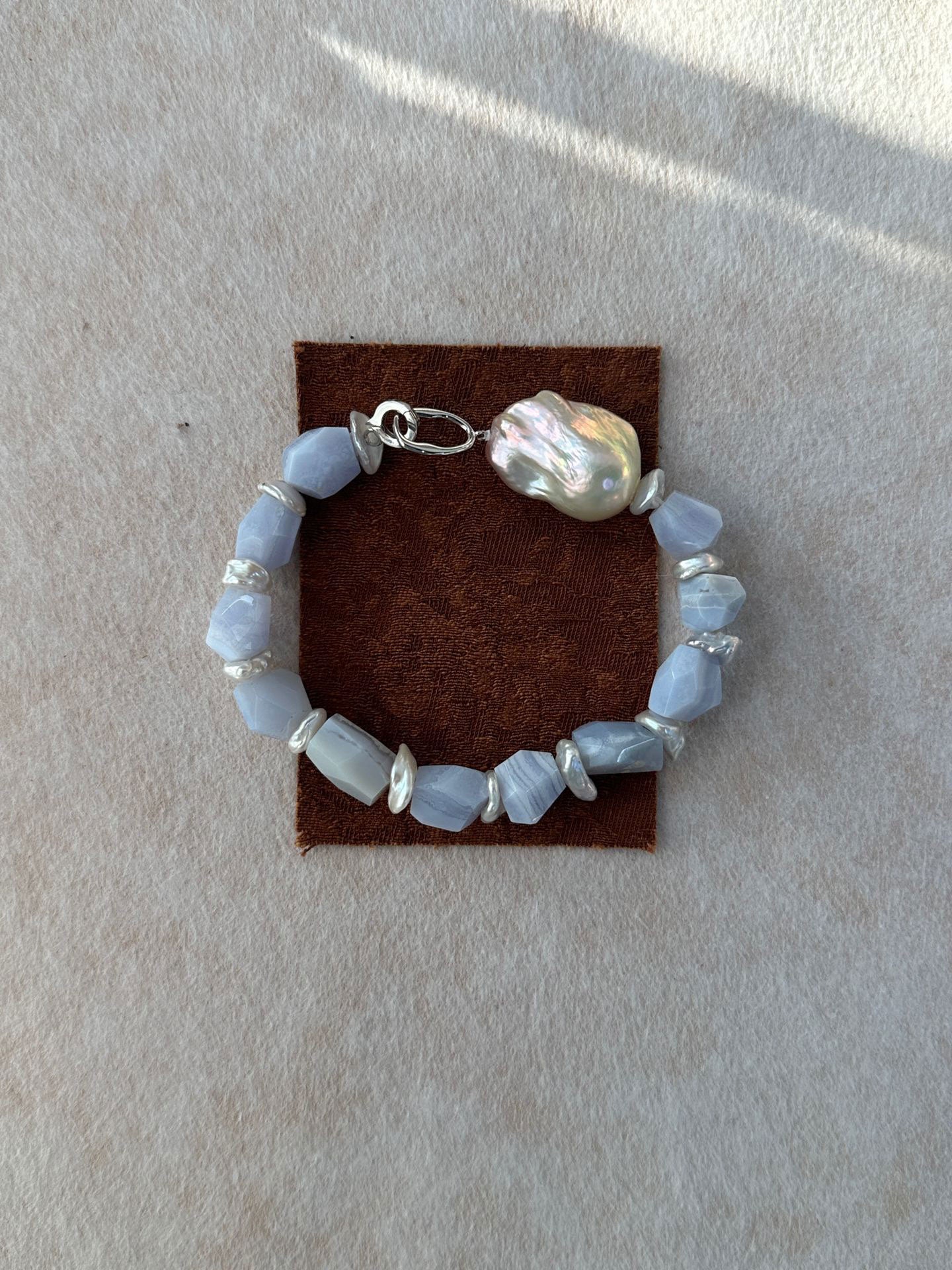 Baroque Pearl Featured Blue Lace Agate Bracelet