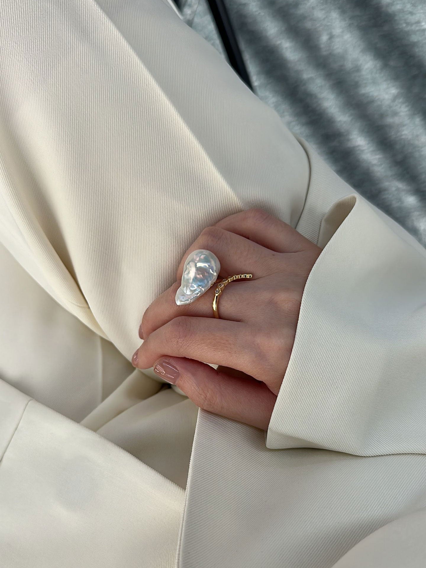 Large Baroque Pearl & Pavé CZ Bar 18K Gold-Plated Open Ring