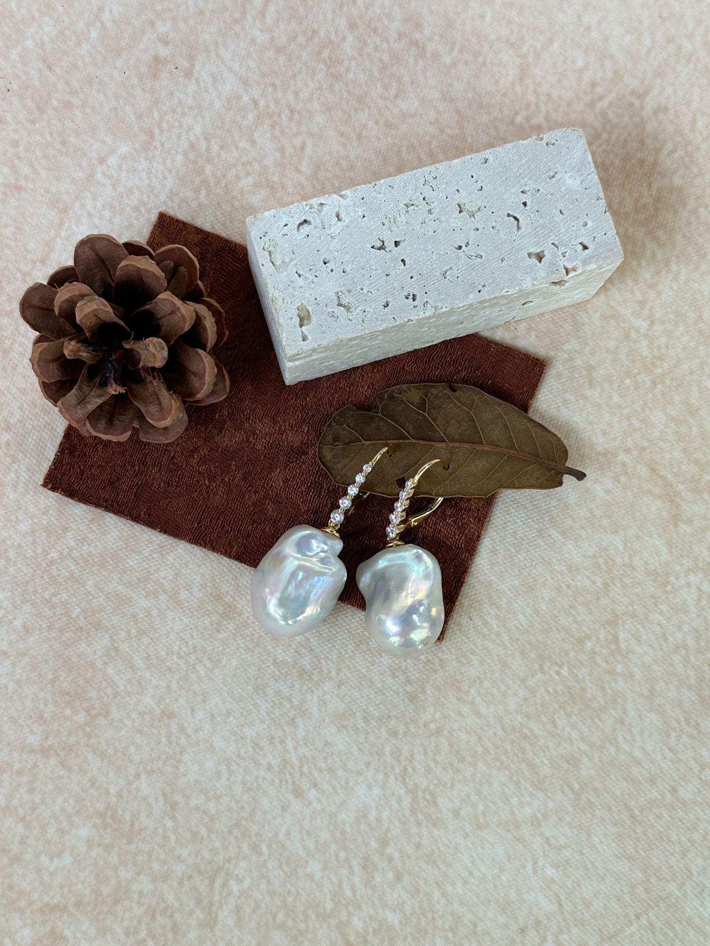 Baroque Pearl Drop Earrings with 18K Gold-Plated Graduated CZ Line Hoop