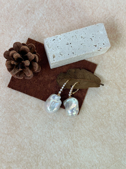 Baroque Pearl Drop Earrings with 18K Gold-Plated Graduated CZ Line Hoop