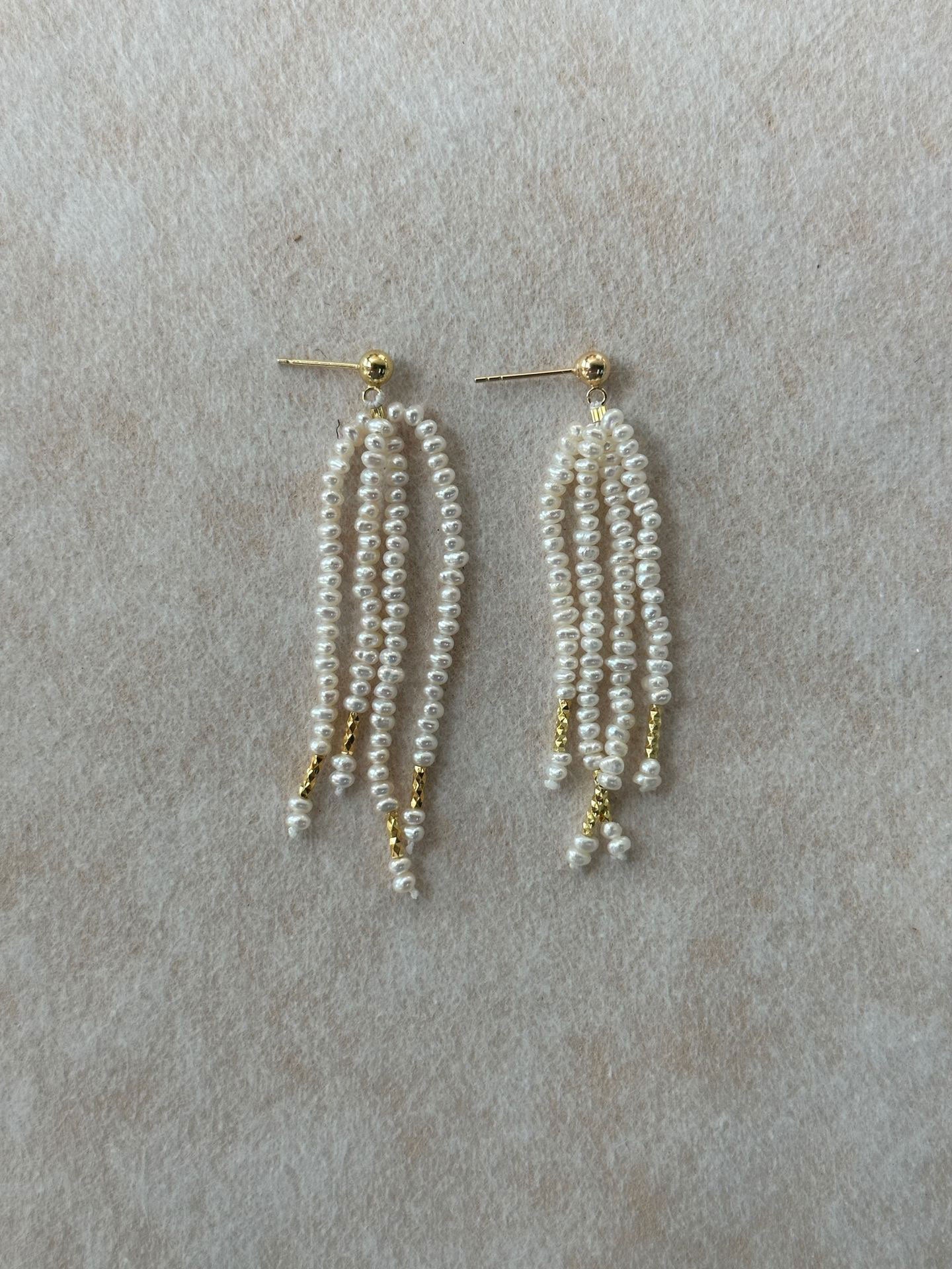 Rice Pearl Fringe Earrings with Gold Tube Accents