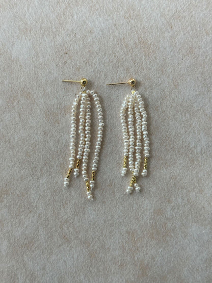 Rice Pearl Fringe Earrings with Gold Tube Accents
