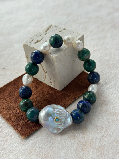 Lapis Lazuli Contrast Bracelet with Turquoise-Set Baroque Pearl