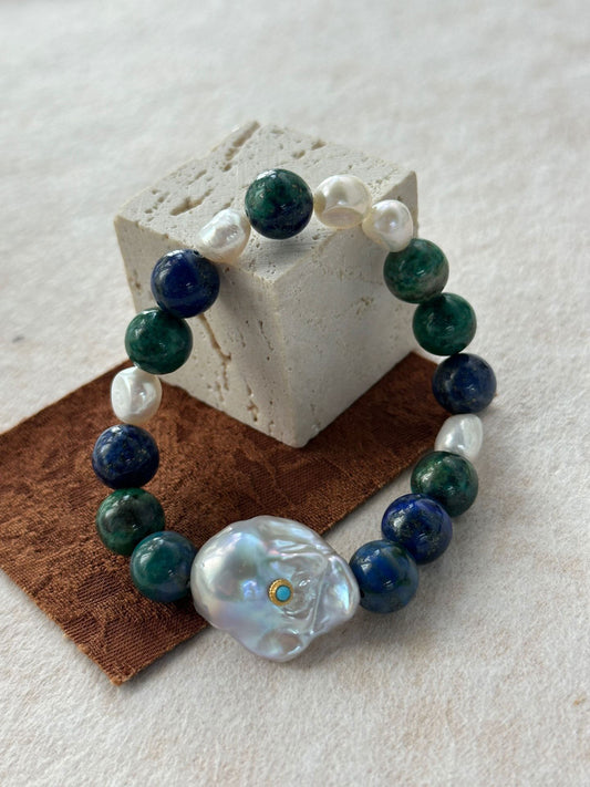 Lapis Lazuli Contrast Bracelet with Turquoise-Set Baroque Pearl