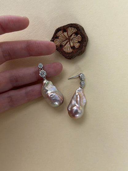 Mirror Baroque Pearl & Asymmetric CZ Drop Earrings