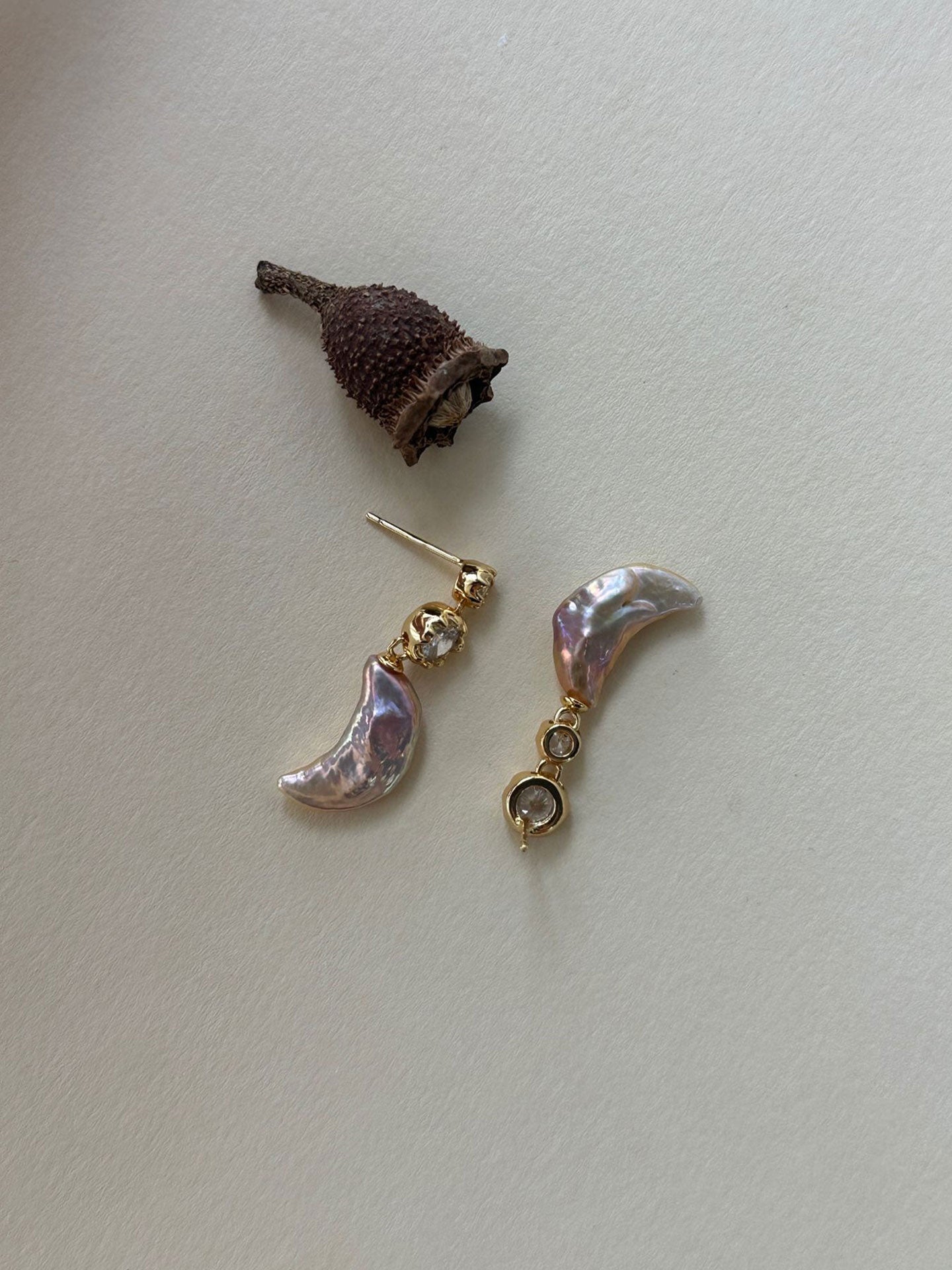 Asymmetric CZ Crescent Baroque Pearl Earrings