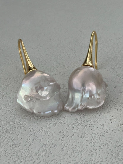 18K Gold-Plated Long Hook Earrings with Iridescent Baroque Pearl