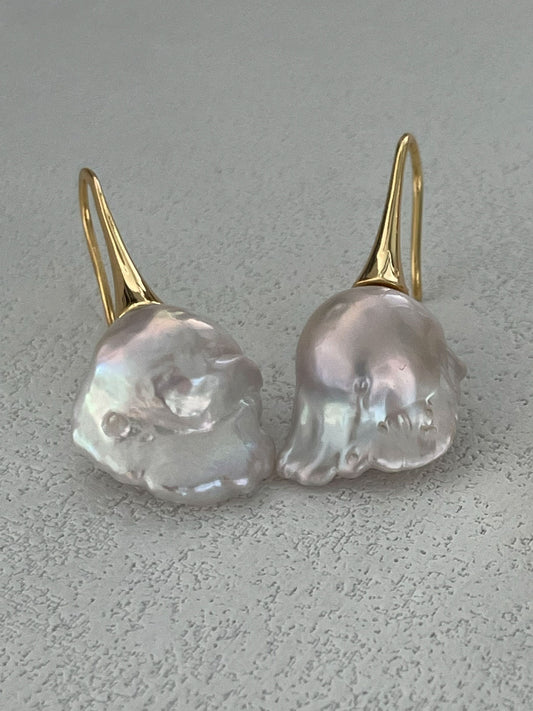 18K Gold-Plated Long Hook Earrings with Iridescent Baroque Pearl