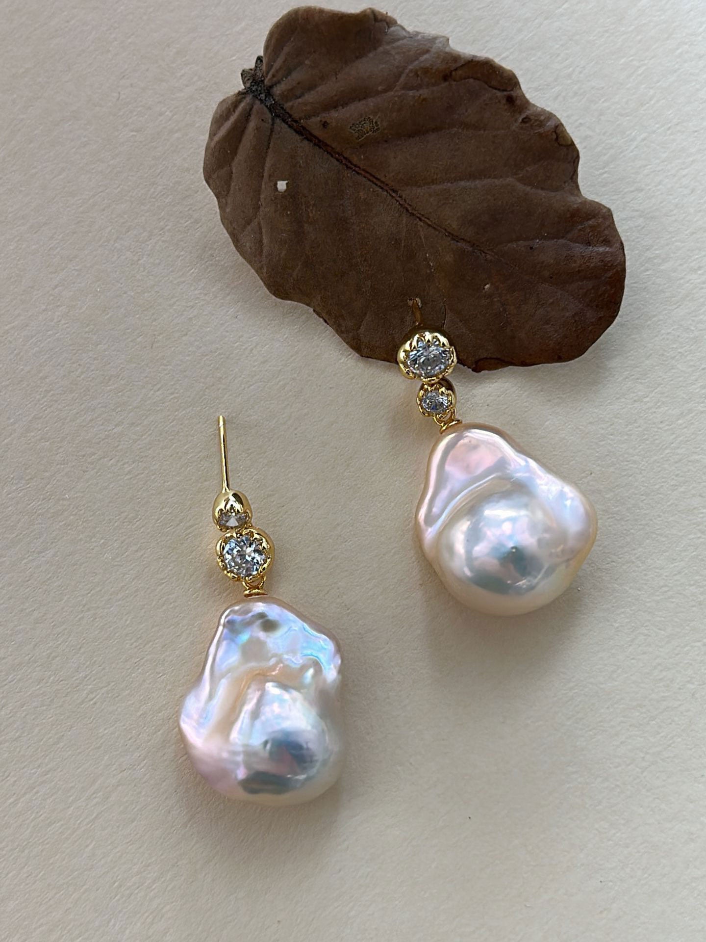 Asymmetric CZ & Iridescent Baroque Pearl Drop Earrings